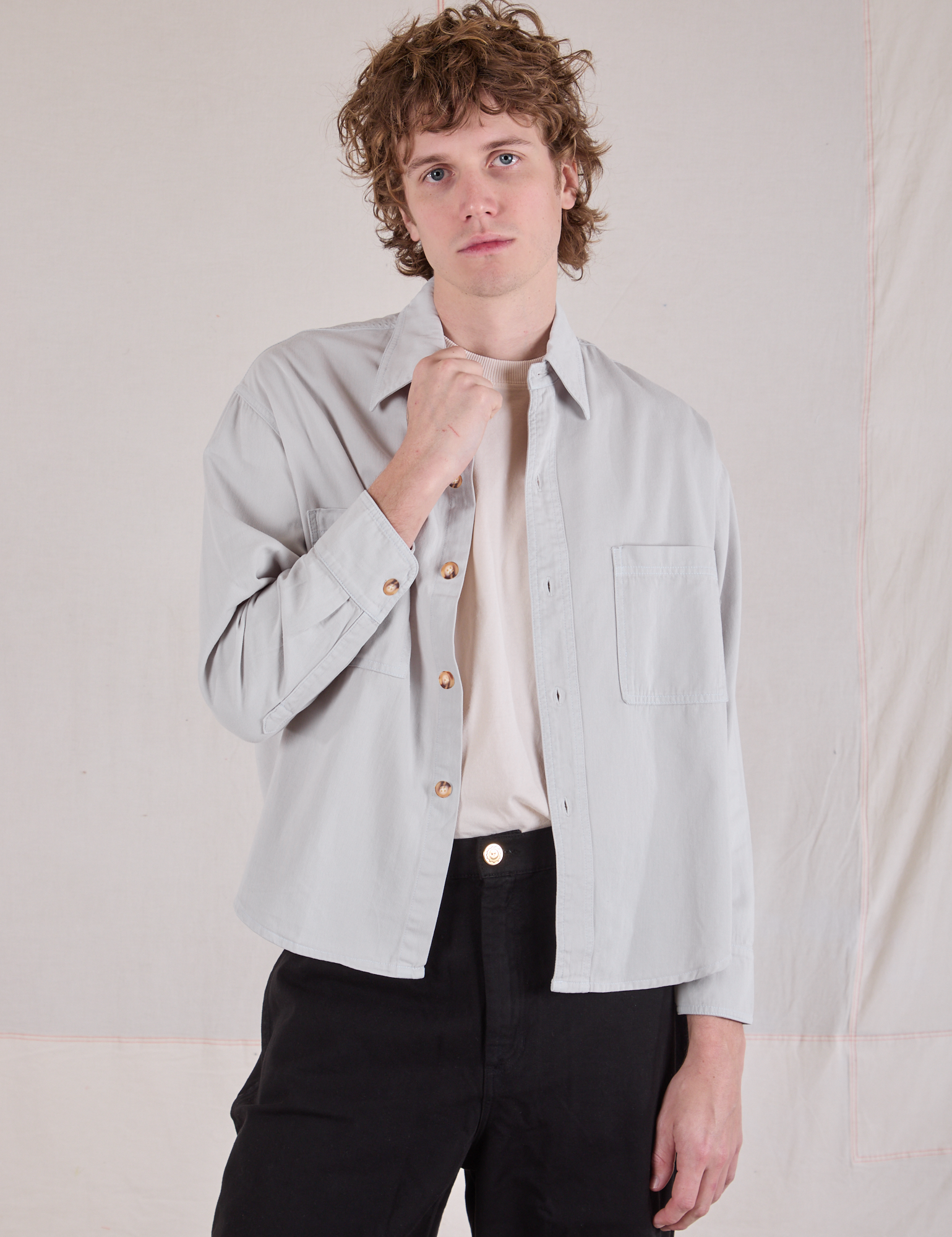 Quinn is wearing Cropped Overshirt in Stone White