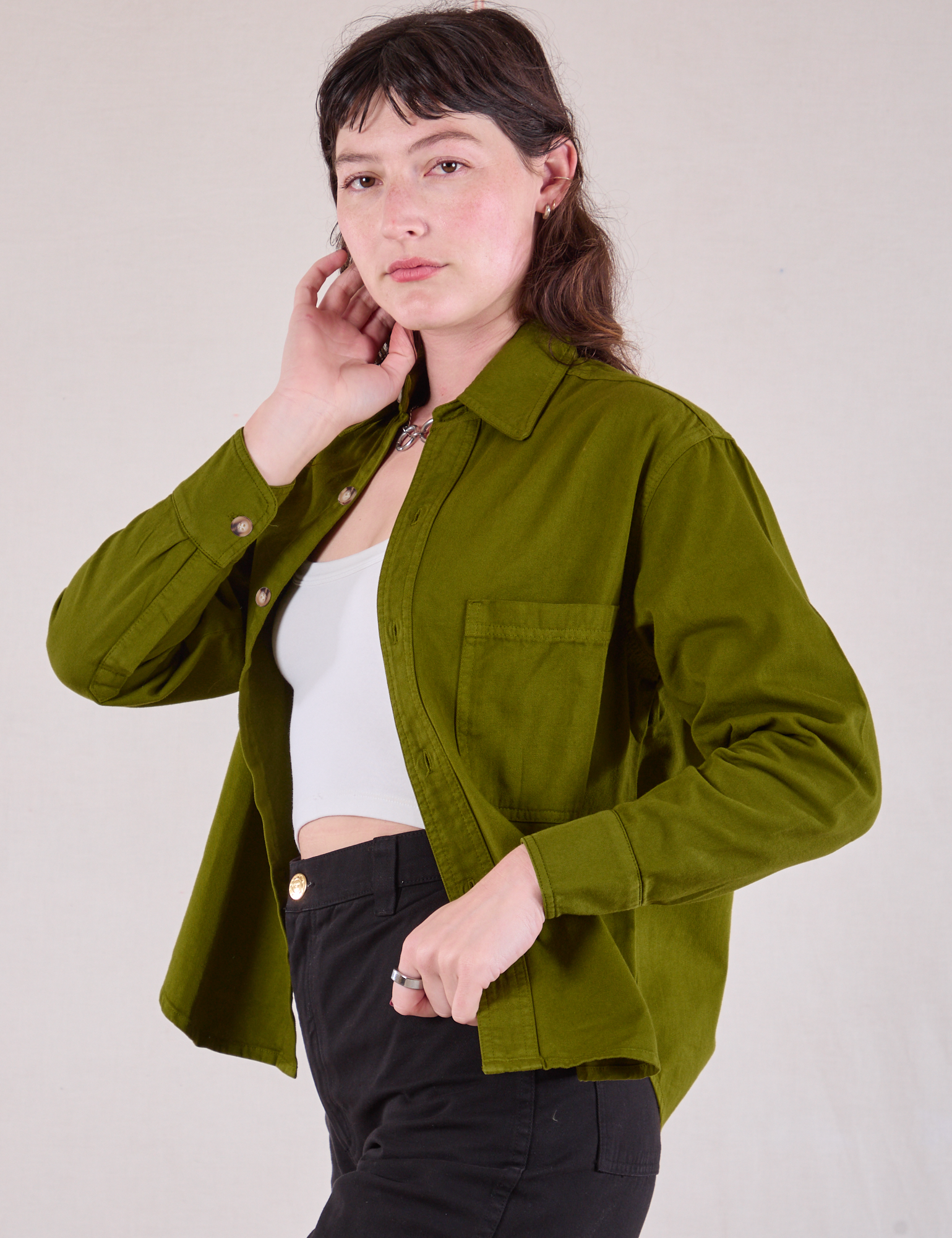 Unbuttoned Cropped Overshirt in Summer Olive on Alex