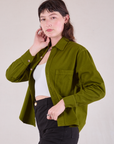 Unbuttoned Cropped Overshirt in Summer Olive on Alex