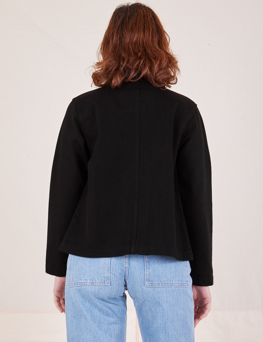Back view of Denim Work Jacket in Basic Black worn by Alex