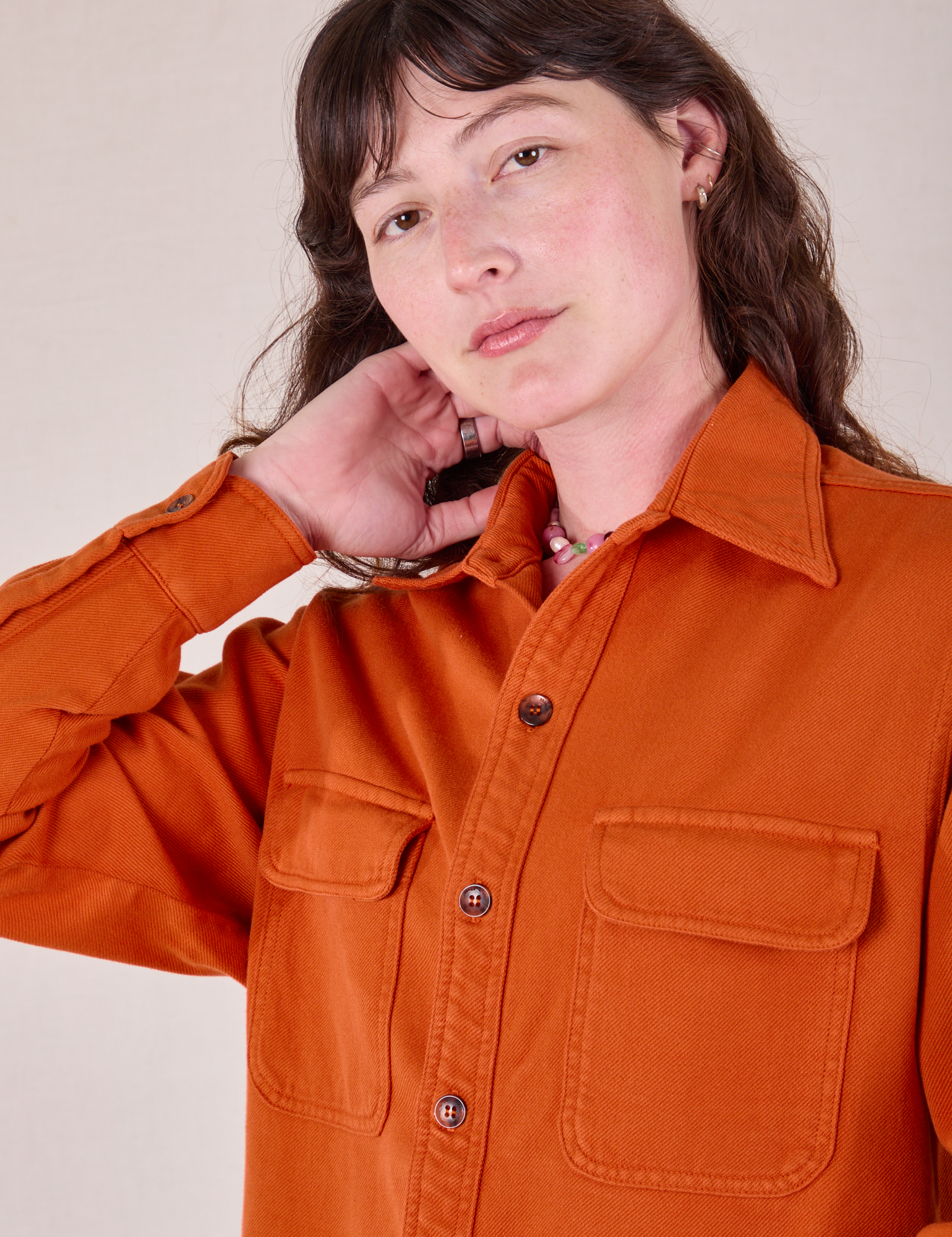 Flannel Overshirt in Burnt Orange front close up on Alex