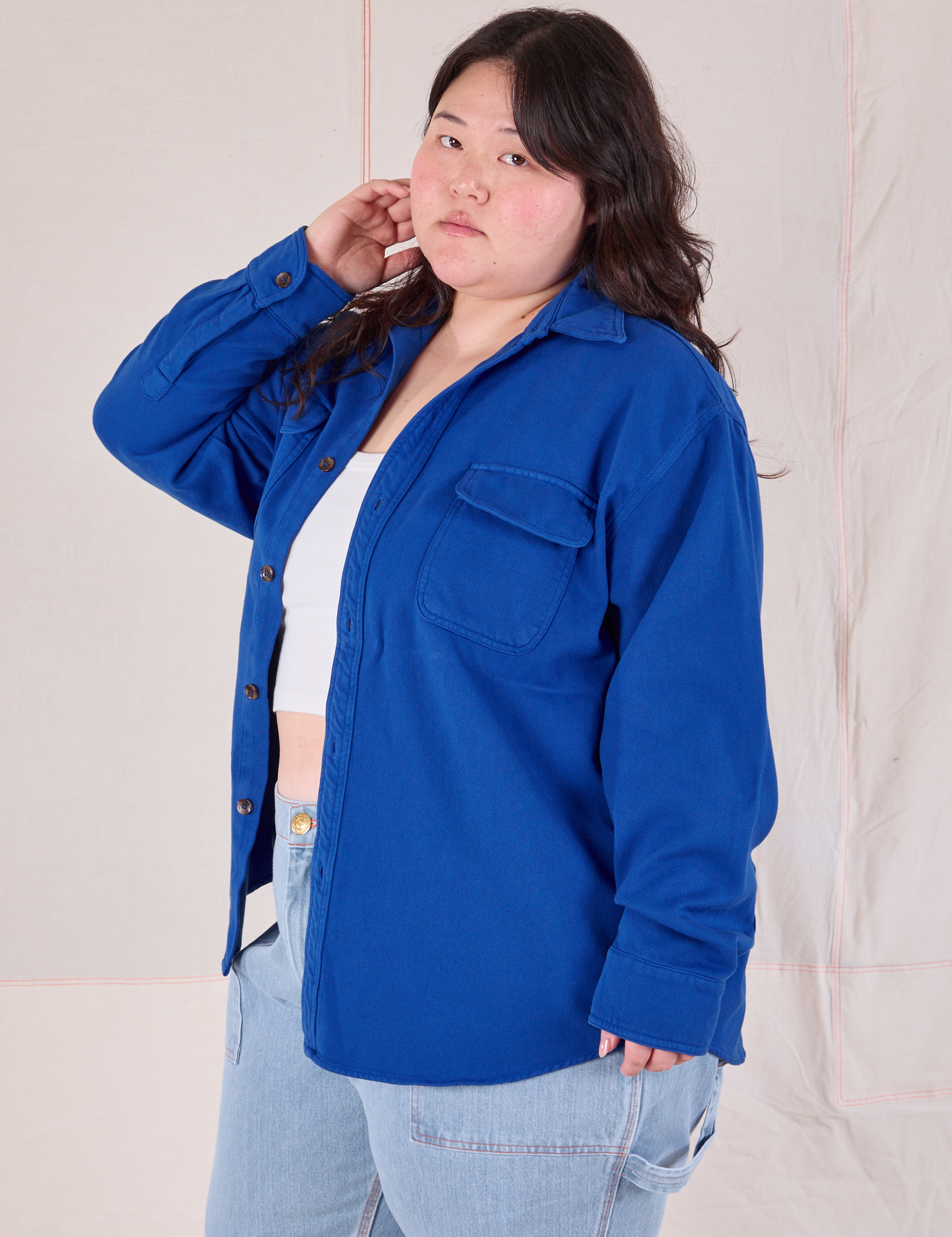 Flannel Overshirt in Royal Blue side view on Ashley