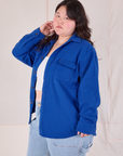 Flannel Overshirt in Royal Blue side view on Ashley