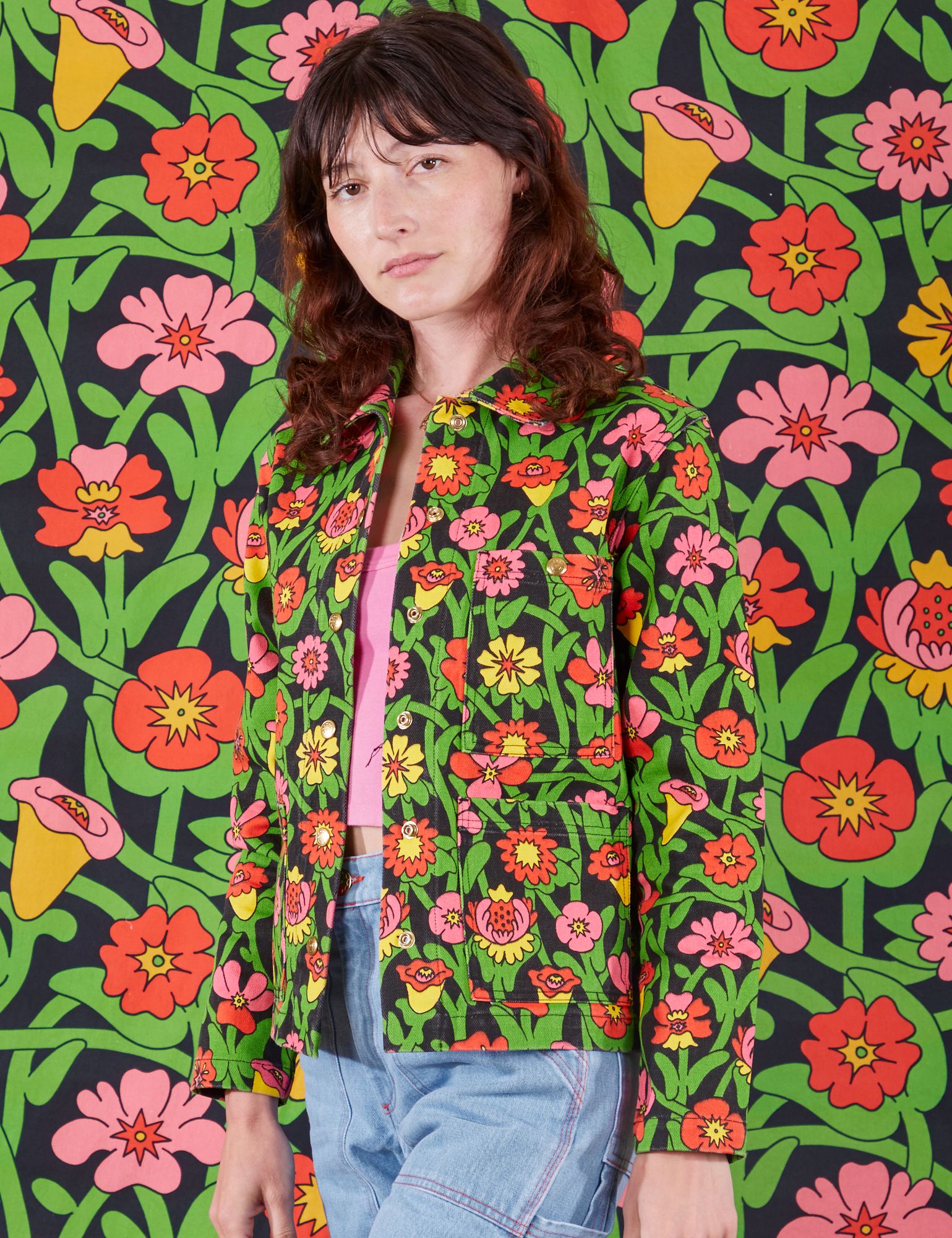 Flower Tangle Work Jacket angled front view on Alex