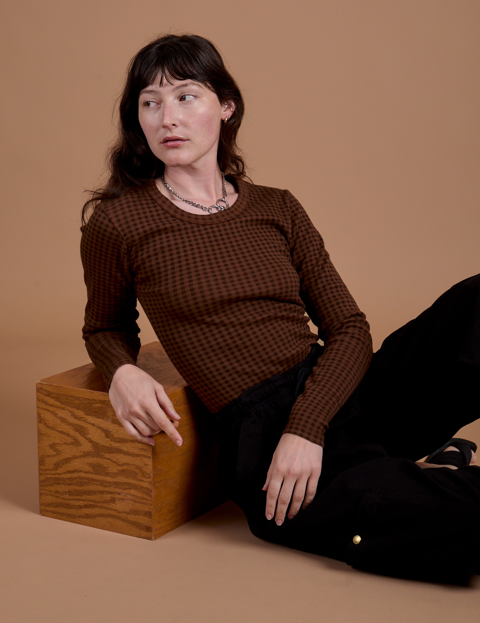 Gingham Long Sleeve Baby Tee in Fudgesicle Brown worn by Alex