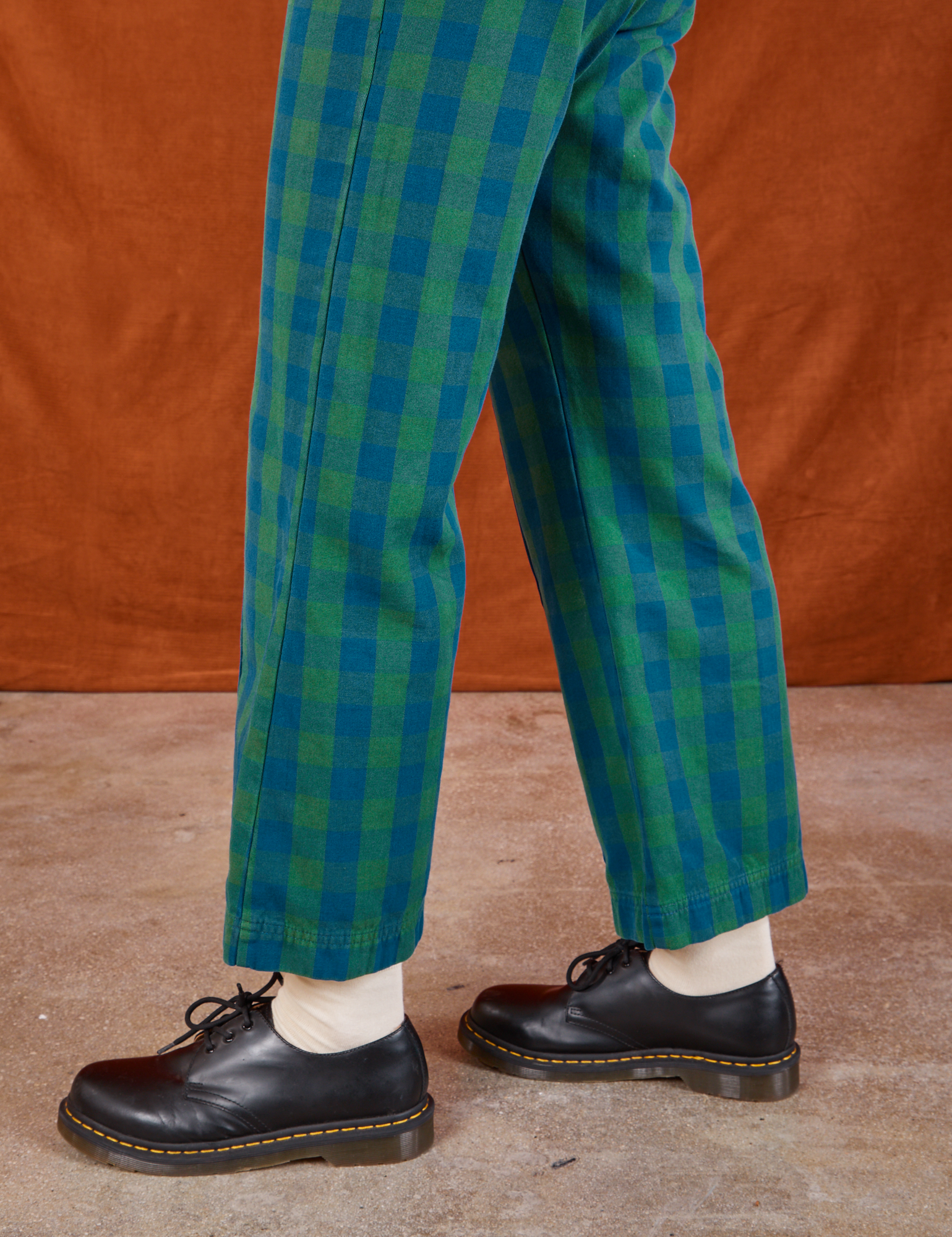 Gingham Western Pants in Green pant leg side view close up on Margaret