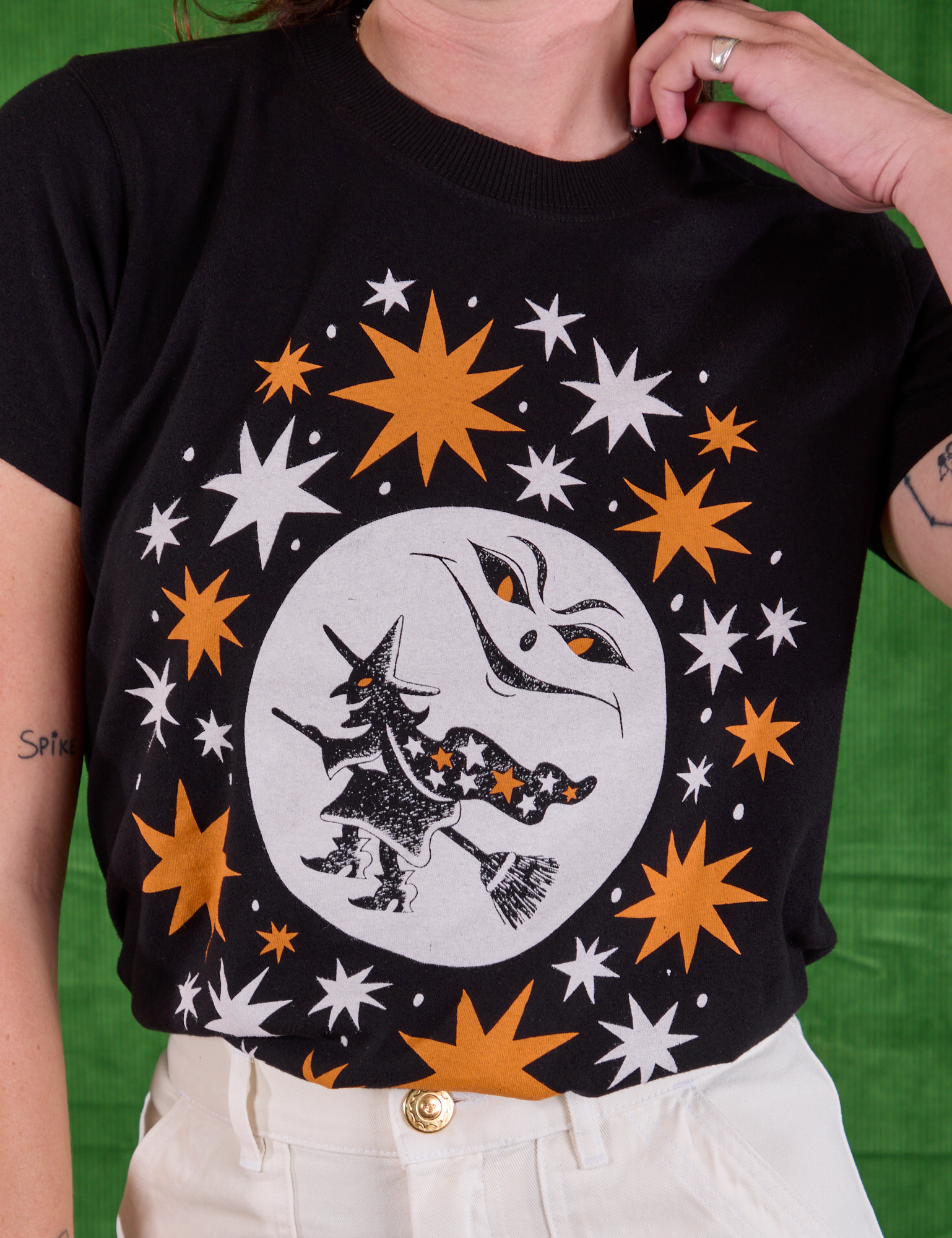 Halloween Organic Tee in Moon close up on Alex