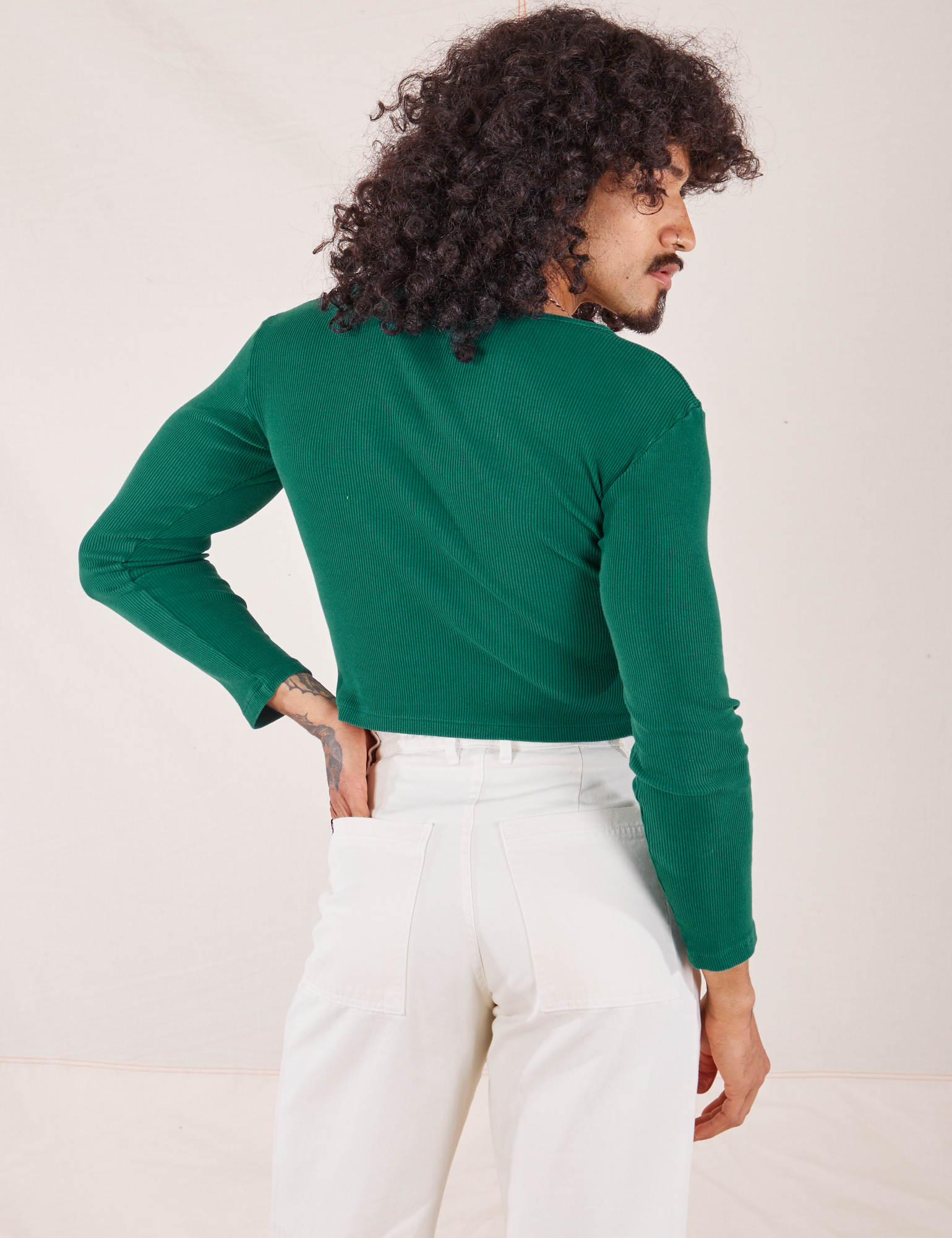 Back view of Long Sleeve V-Neck Tee in Hunter Green on Jesse
