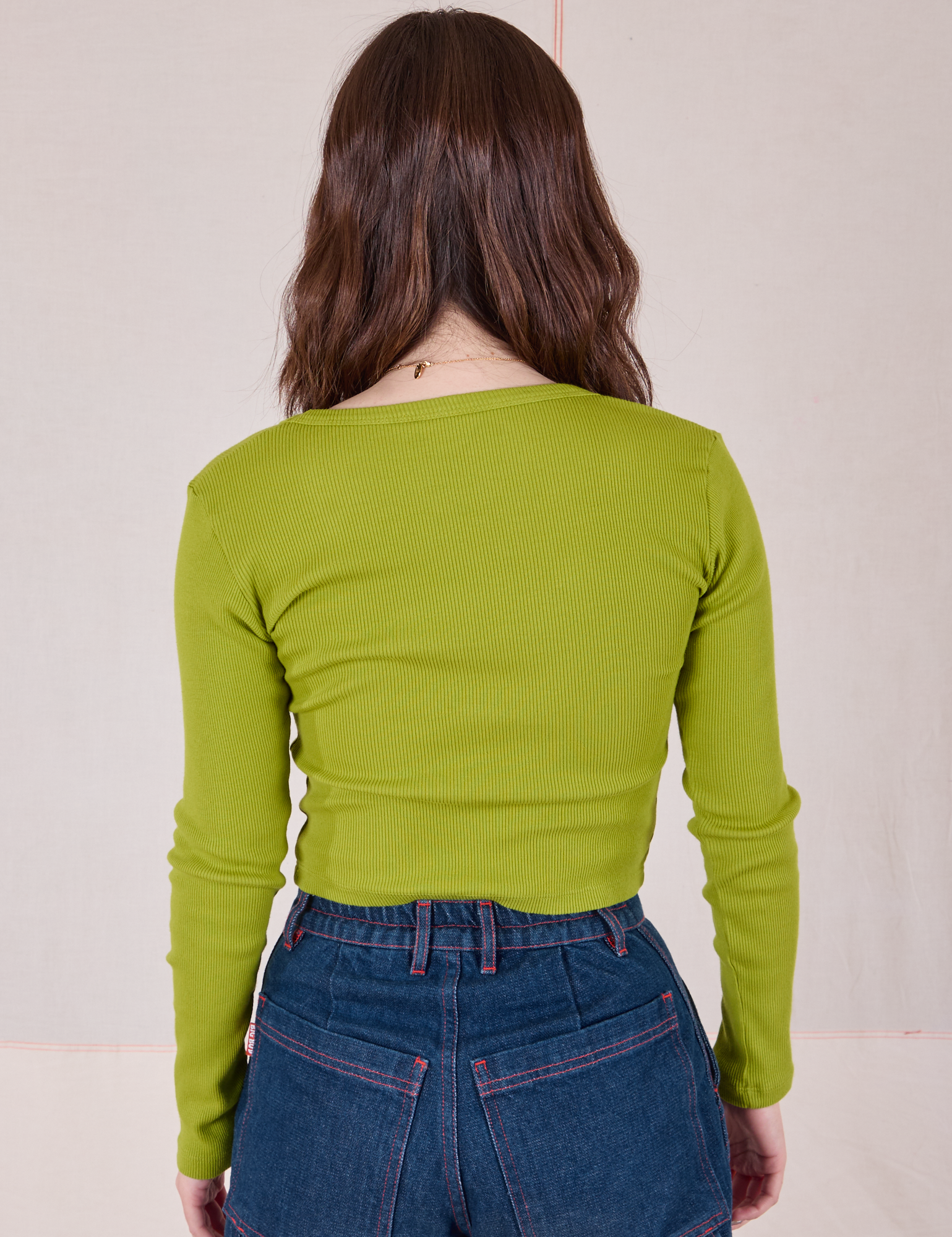 Long Sleeve V-Neck Tee in Gross Green back view on Hana