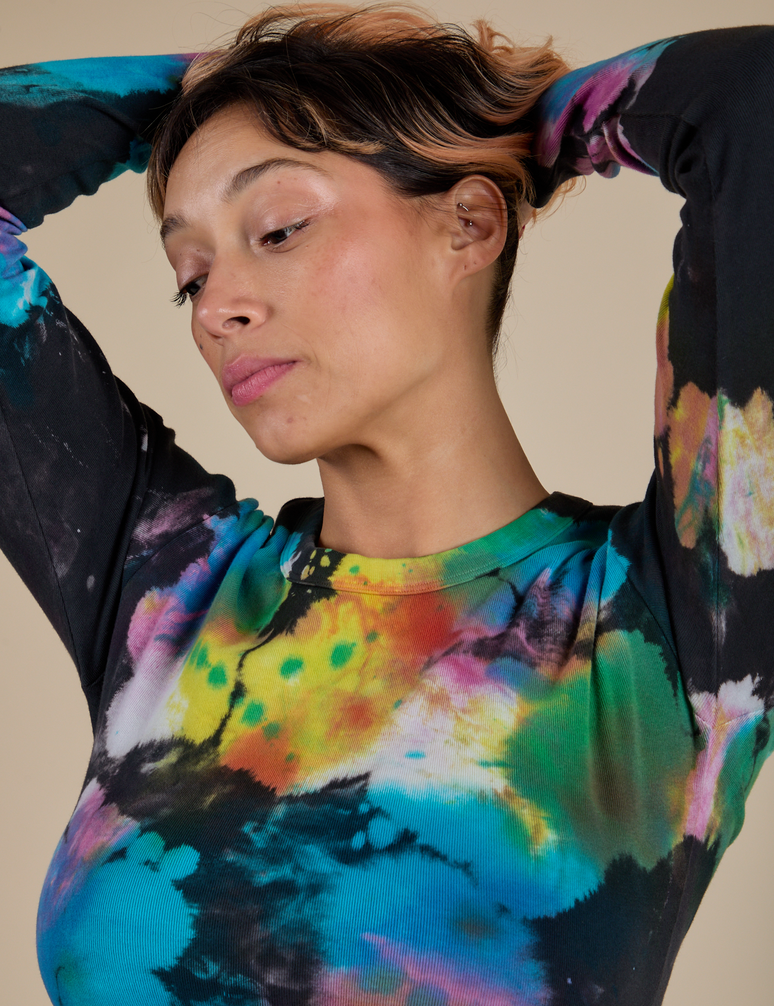 Long Sleeve Baby Tee in Rainbow Magic Waters front close up on Tiara