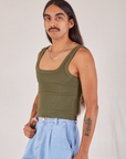 Square Neck Tank in Surplus Green angled front view on Anthony