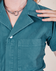 Front close up of Short Sleeve Jumpsuit in Marine Blue worn by Alex