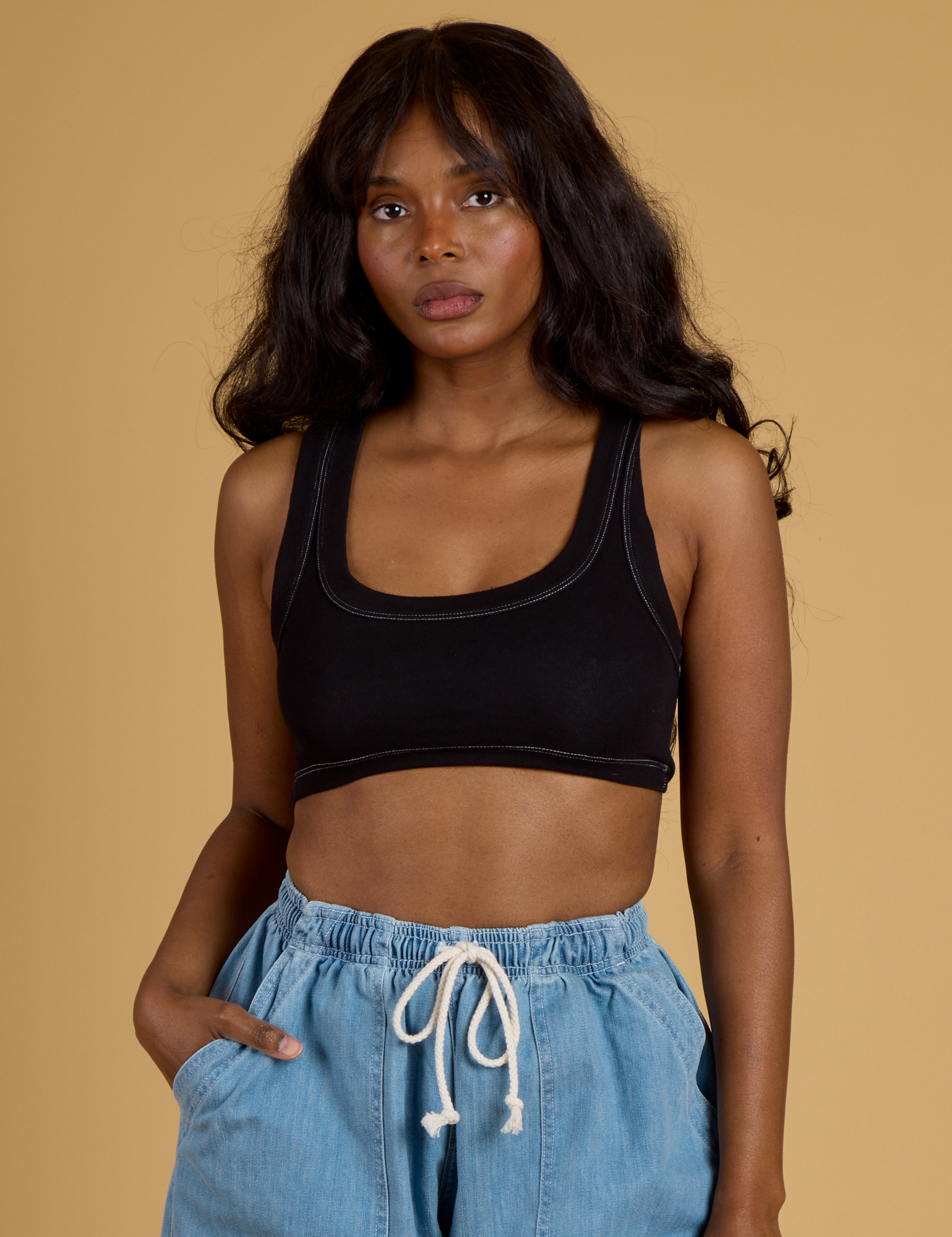 Contrast Stitch Mini Tank - Basic Black