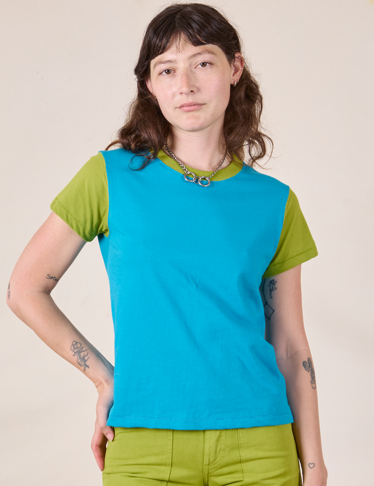 Mismatched Tee in Blue &amp; Green worn by Alex
