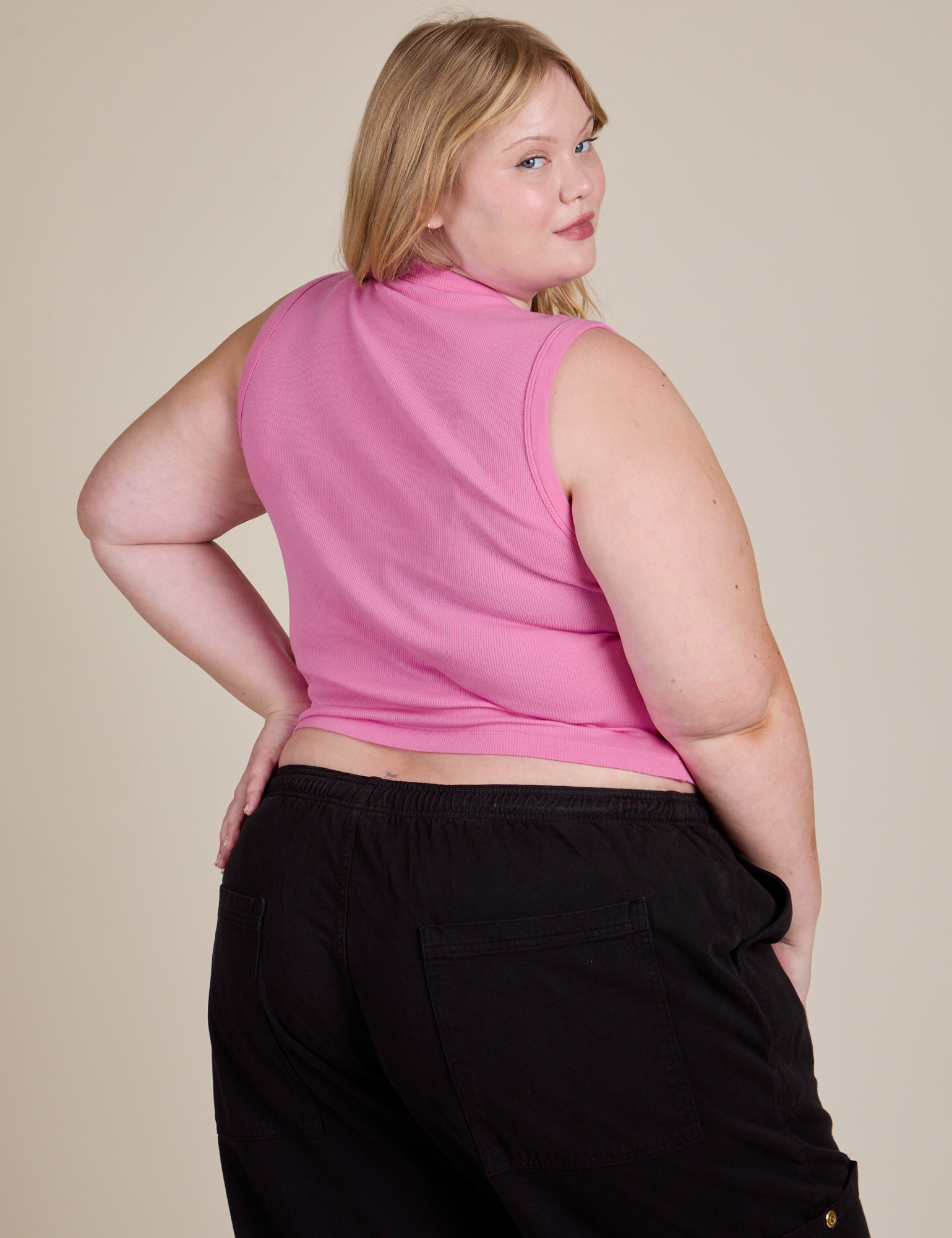 Muscle Tee in Bubblegum Pink back view on Juliet