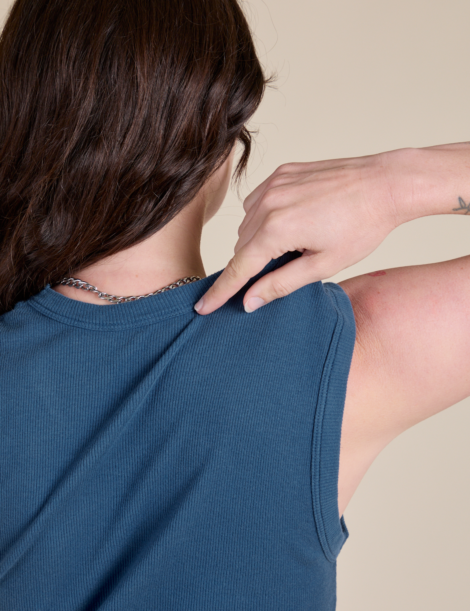 Back shoulder close up of Muscle Tee in French Blue on Alex