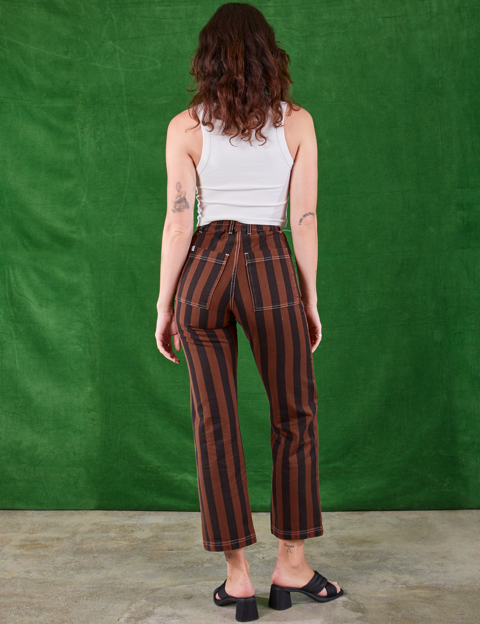 Black Stripe Work Pants in Fudgesicle Brown back view on Alex