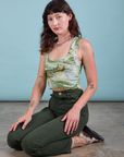Cropped Tank Top in Ocean and Sky and swamp green Work Pants worn by Alex
