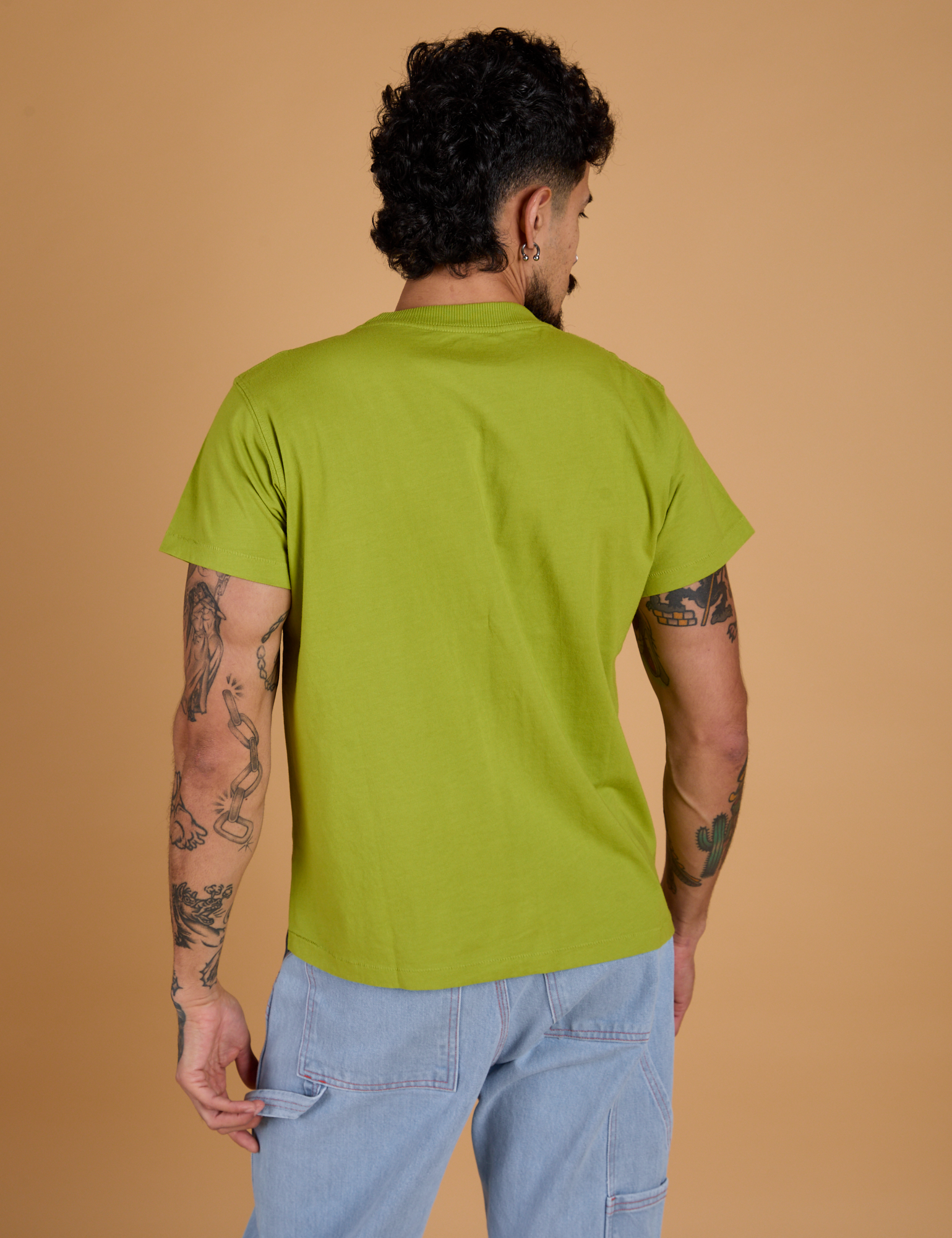 Organic Vintage Tee in Gross Green back view on Jesse