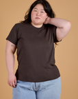 Ashley is 5’7” and wearing L Organic Vintage Tee in Espresso Brown