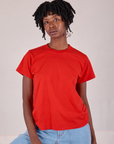 Cheyann is 5’11” and wearing XXS Organic Vintage Tee in Mustang Red