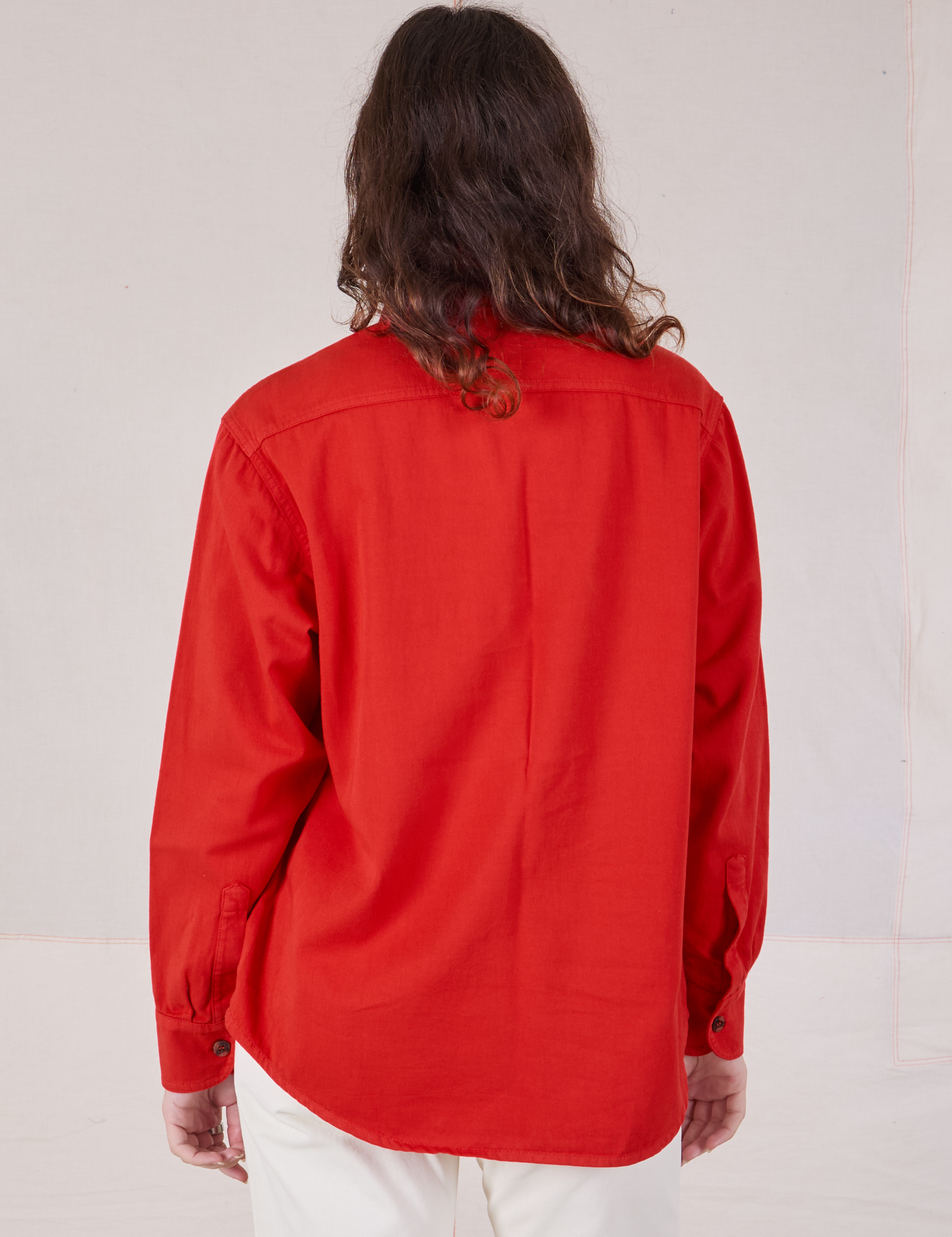 Twill Overshirt in Mustang Red back view on Alex