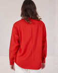 Twill Overshirt in Mustang Red back view on Alex