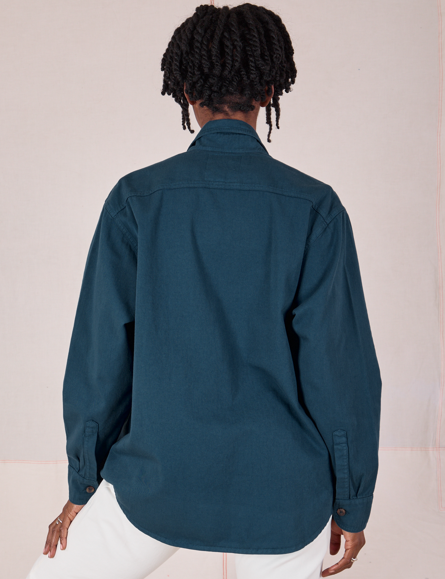 Twill Overshirt in Lagoon back view on Cheyann