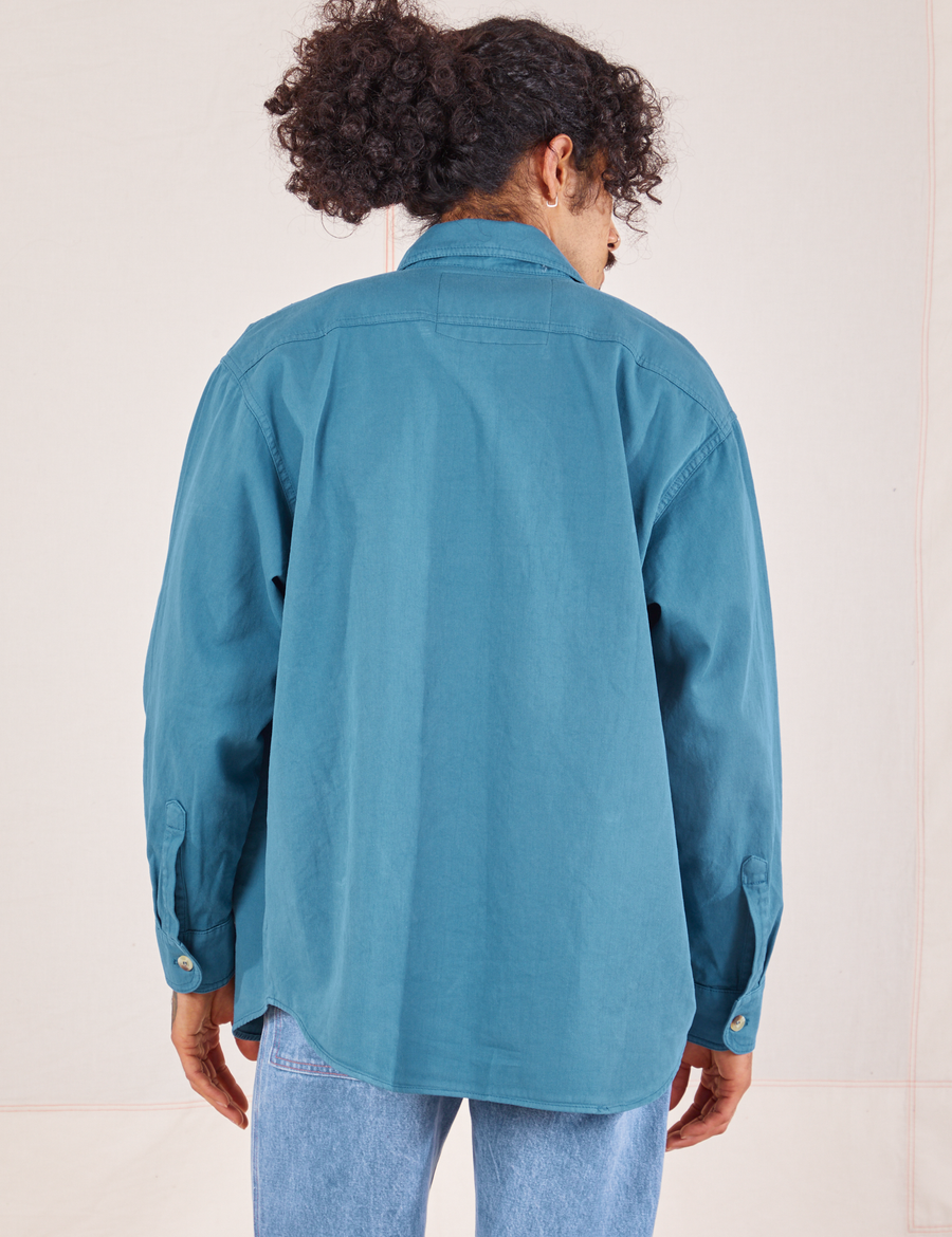 Back view of Oversize Overshirt in Marine Blue worn by Jesse