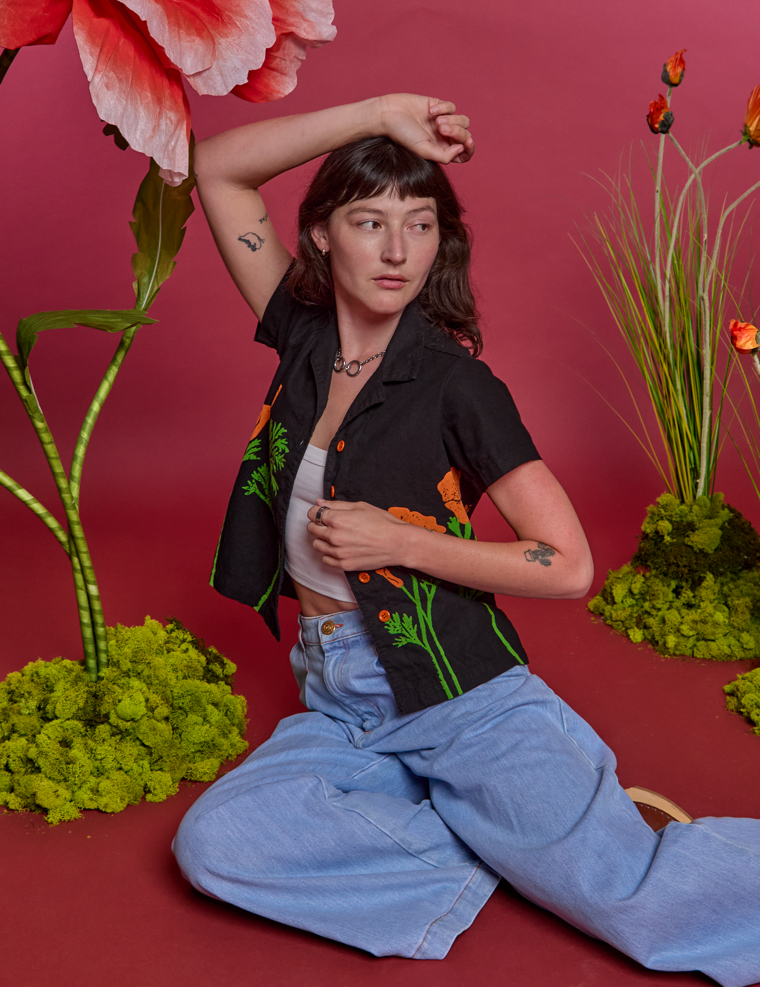 Paintstamped Pantry Button-Up in Poppy and light wash Indigo Wide Leg Denim on Alex