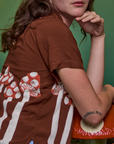 Close up of Paintstamped Pantry Button-Up in Mushroom on Alex