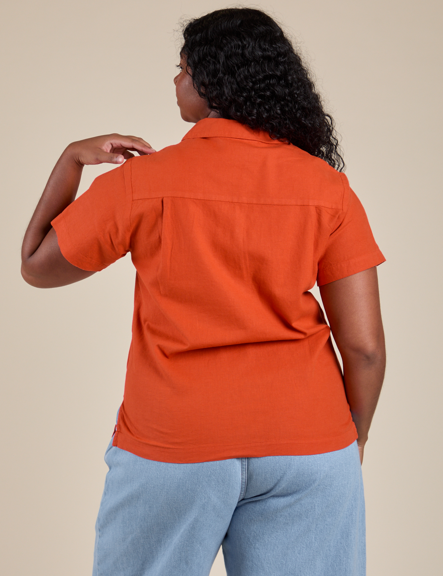 Pantry Button-Up in Chili Red back view on Meghna