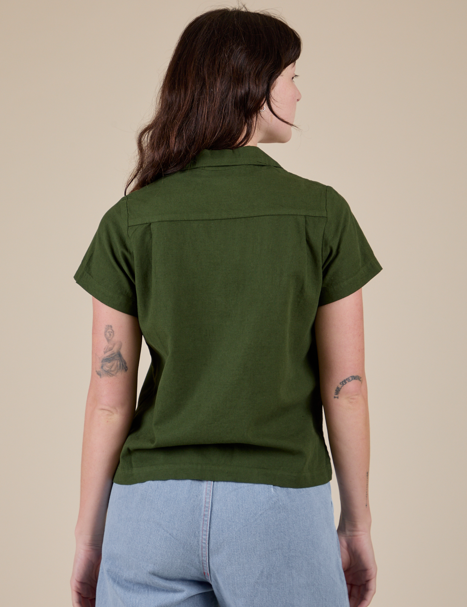 Pantry Button-Up in Evergreen back view on Alex