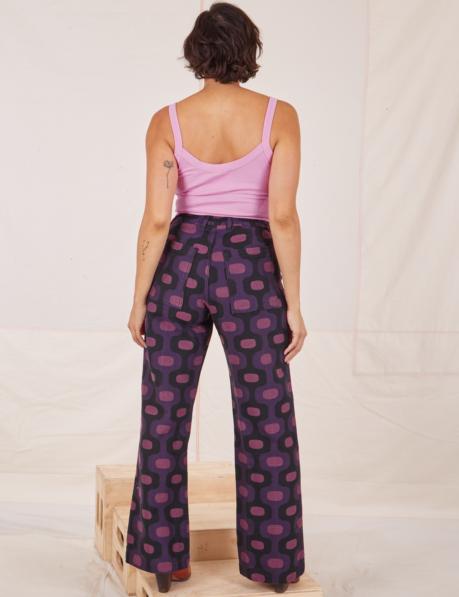 Back view of Western Pants in Purple Tile Jacquard and bubblegum Cami on Tiara