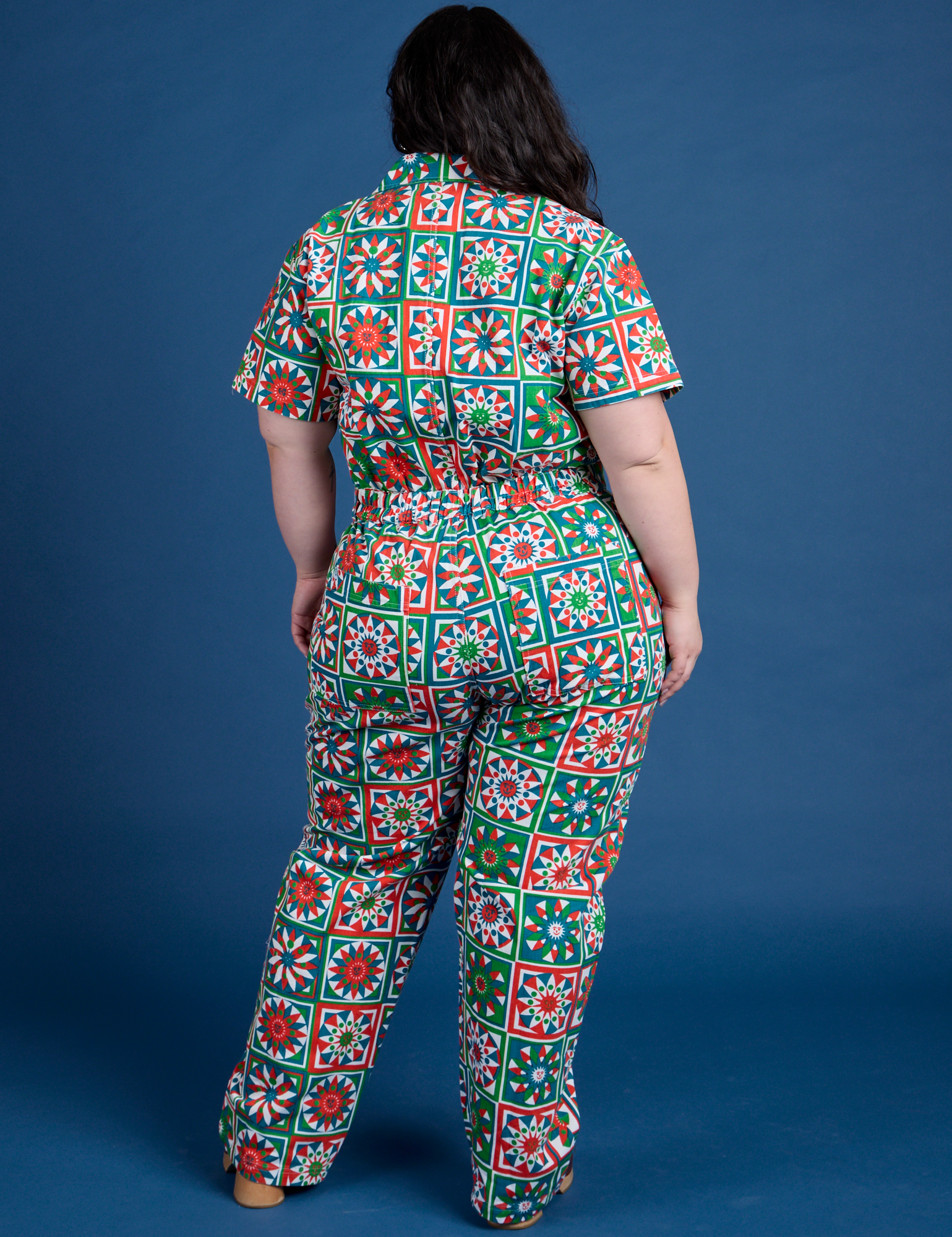 Quilt Print Jumpsuit back view on Ashley