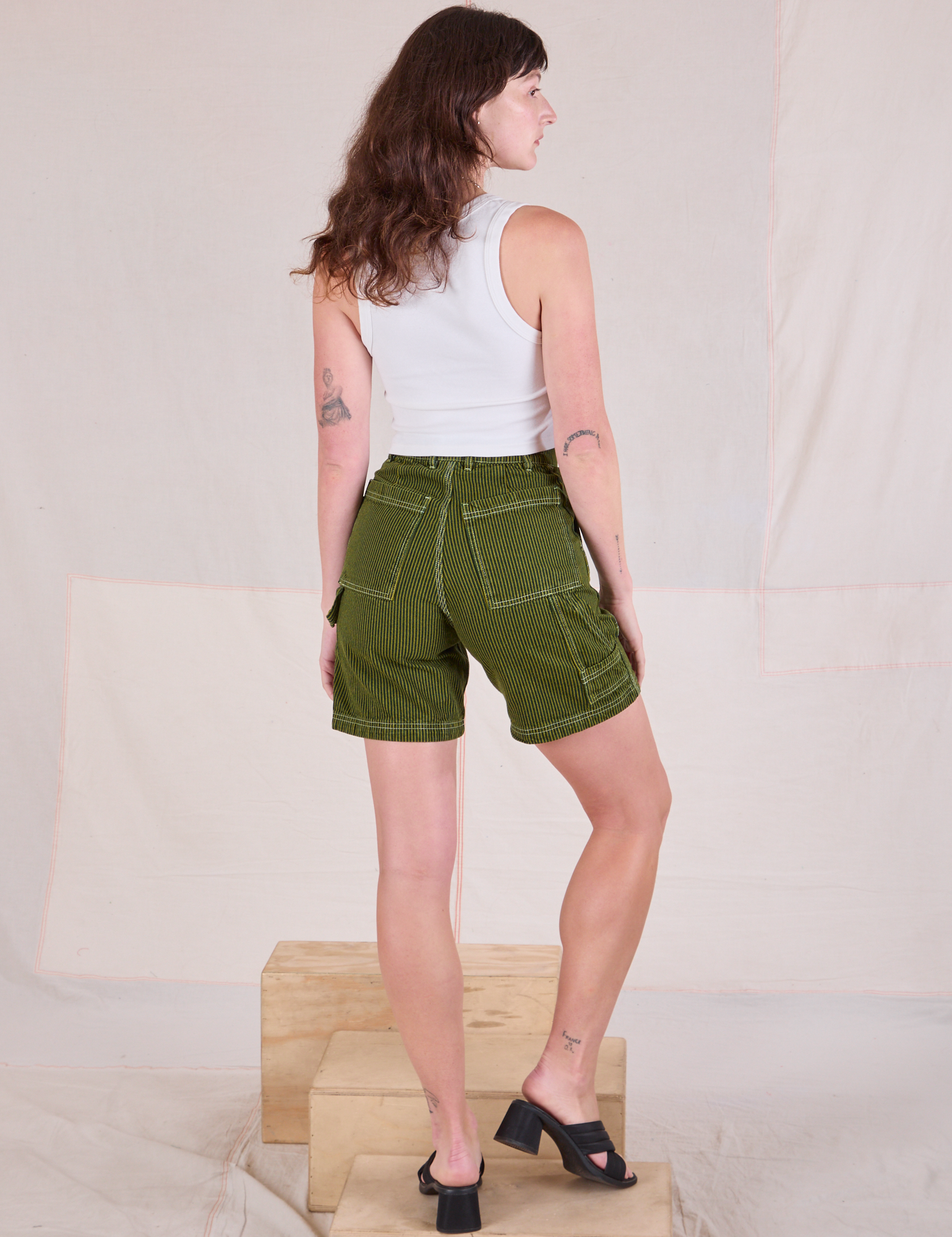 Railroad Carpenter Shorts in Summer Olive back view on Alex
