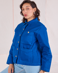 Denim Work Jacket in Royal Blue angled front view on Tiara