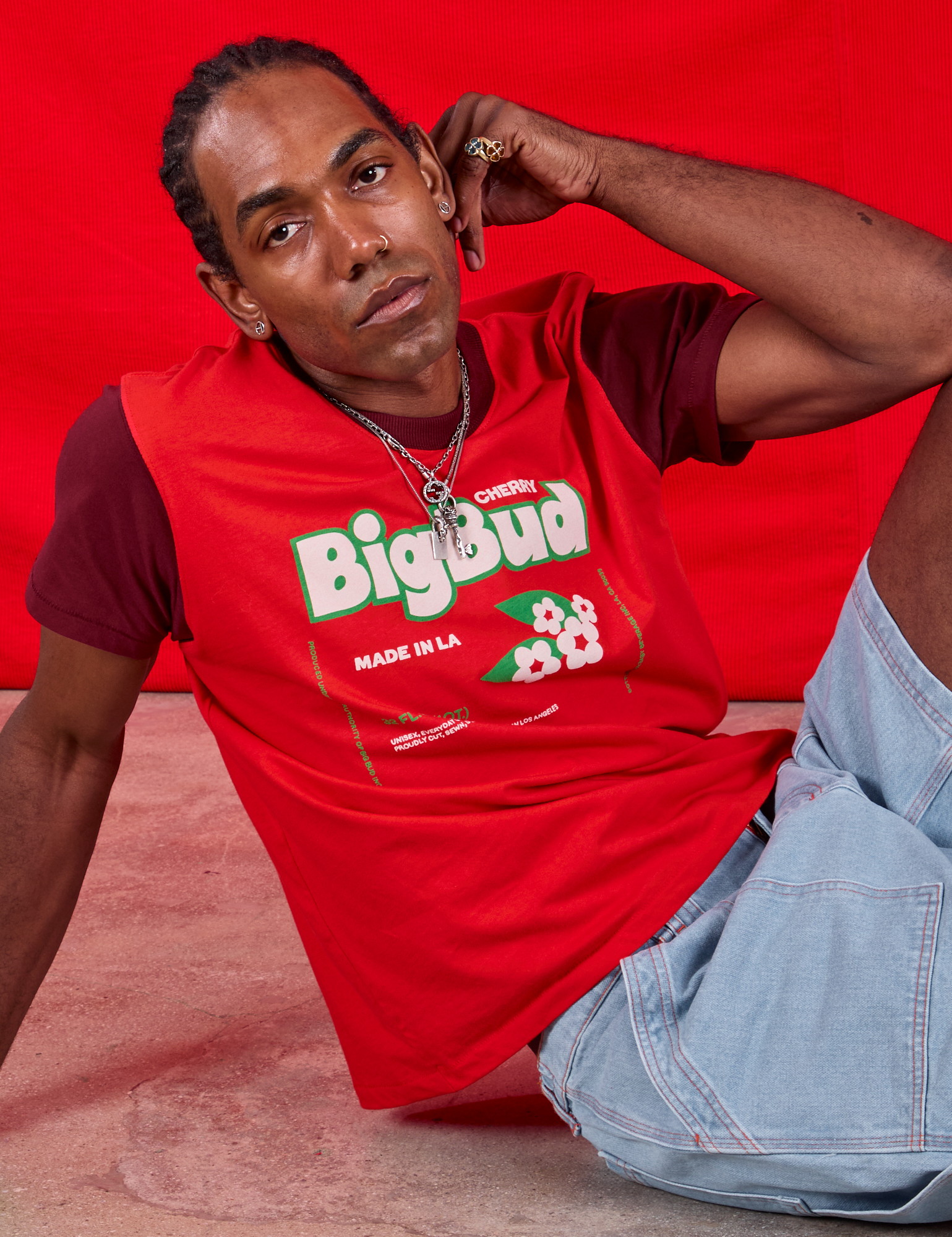 Vintage Tee in Cherry Soda worn by Jerrod