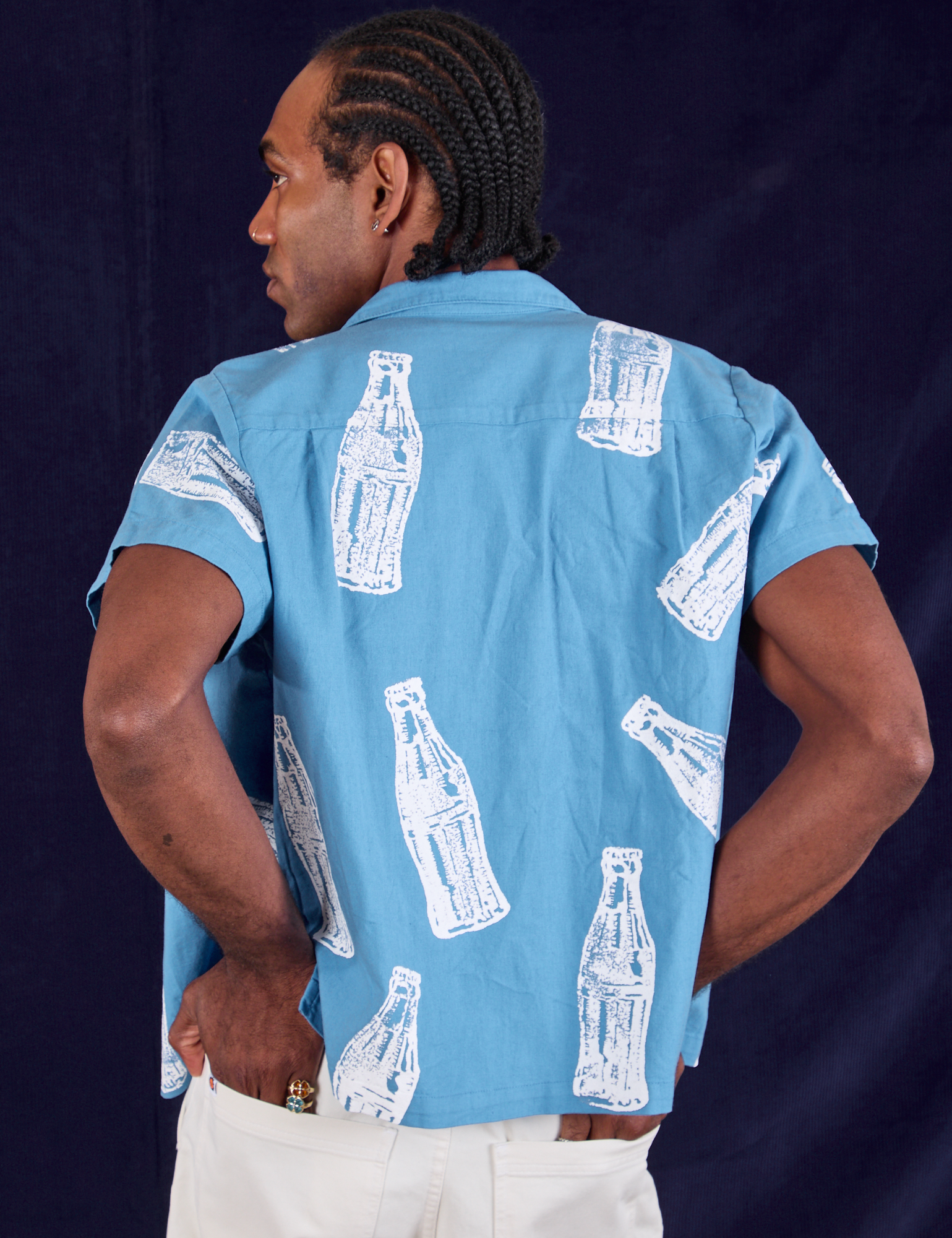 Soda Bottle Pantry Button-Up in Greek Blue back view on Jerrod