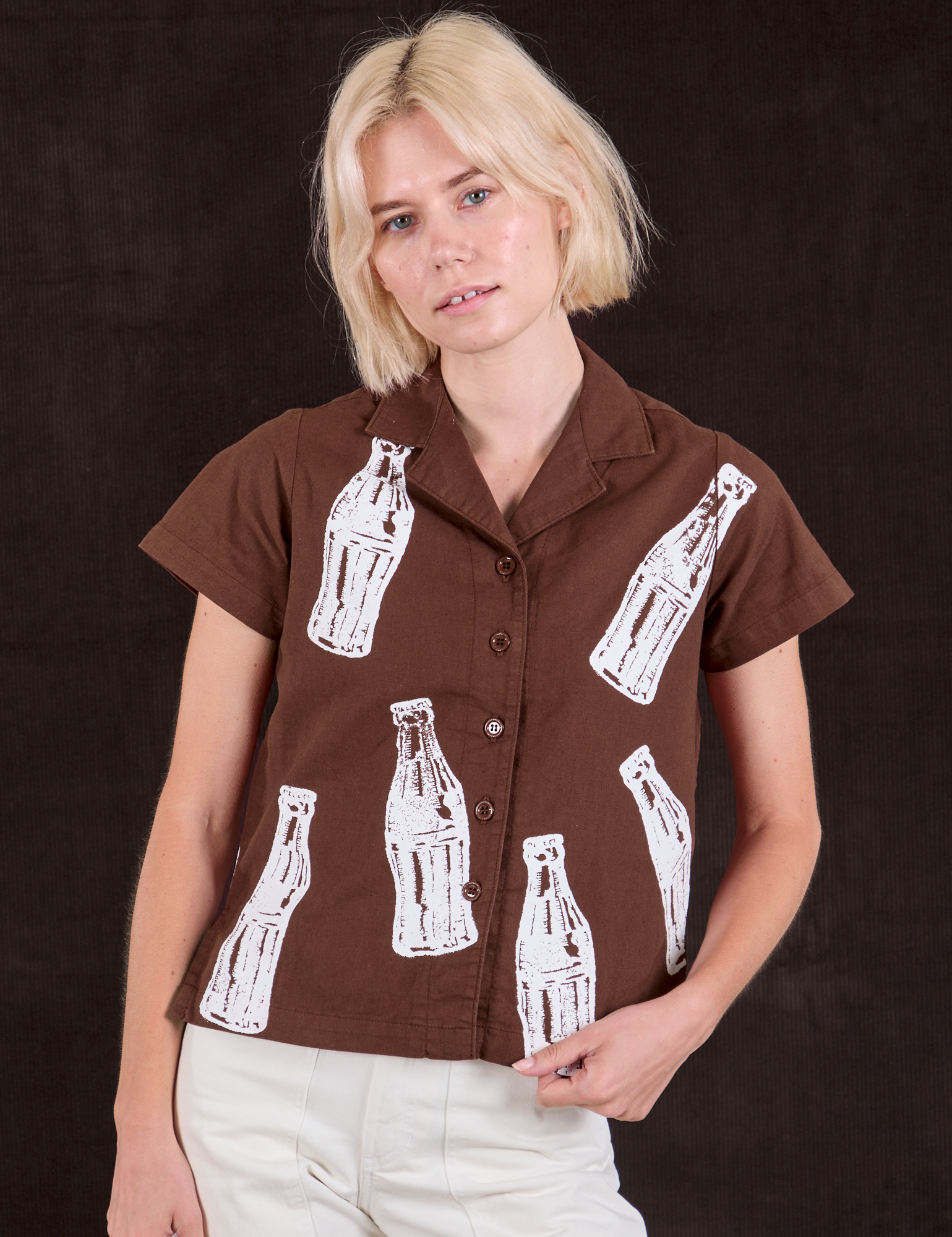 Soda Bottle Pantry Button-Up in Fudgesicle Brown worn by Madeline