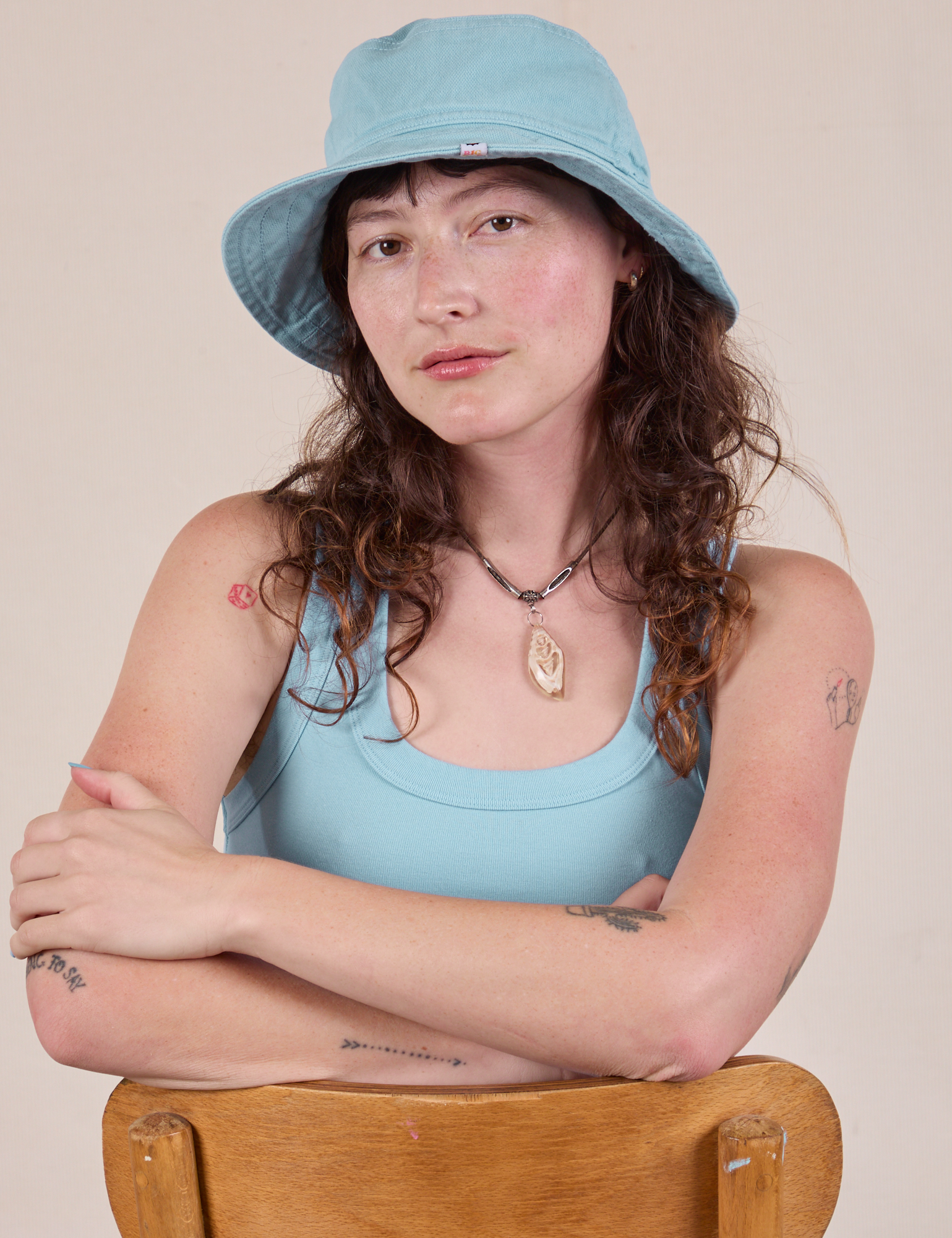 Wide Brim Denim Bucket Hat in Baby Blue worn by Alex