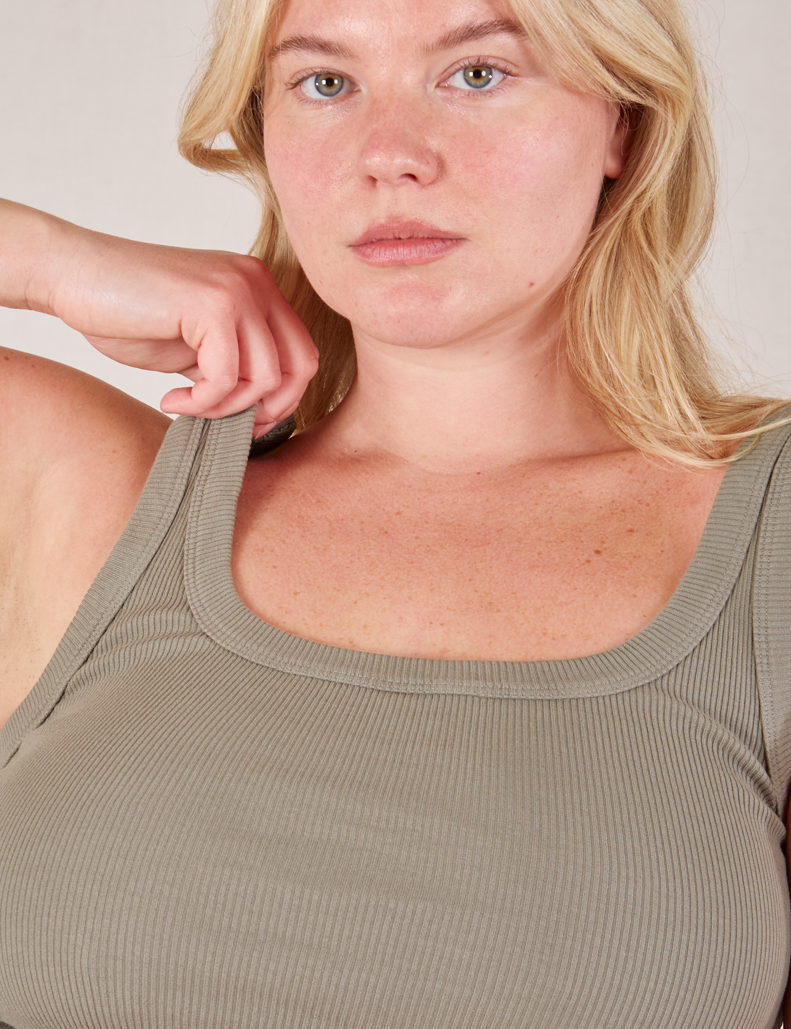 Square Neck Tank in Khaki Grey close up on Lish