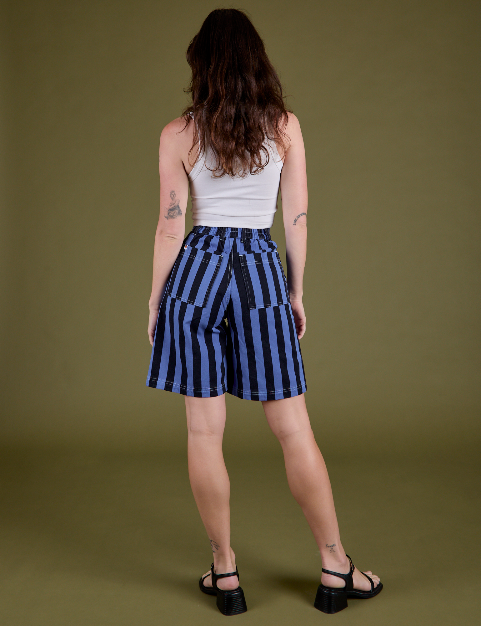 Longline Work Shorts in Cornflower back view on Alex