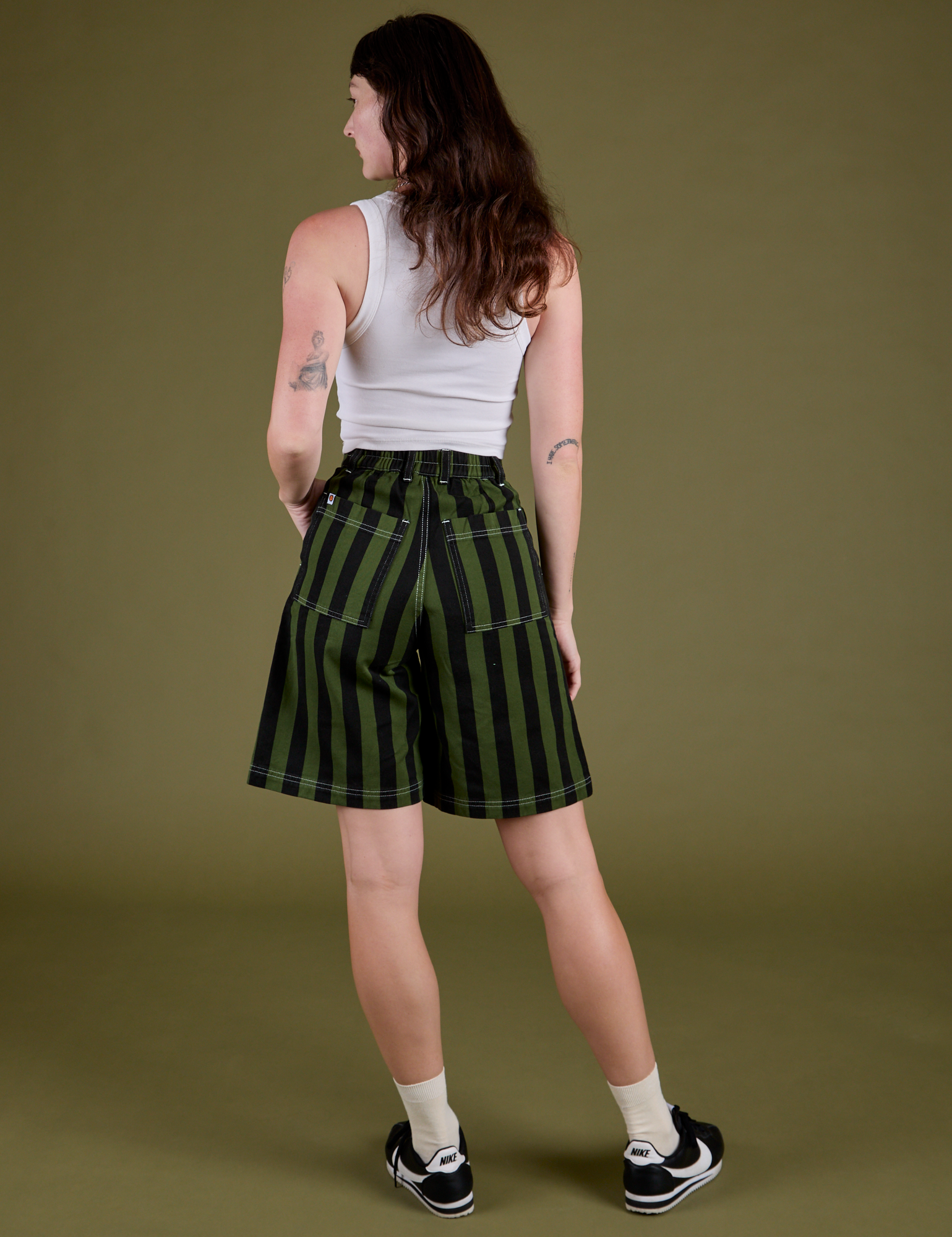 Longline Work Shorts in Evergreen back view on Alex
