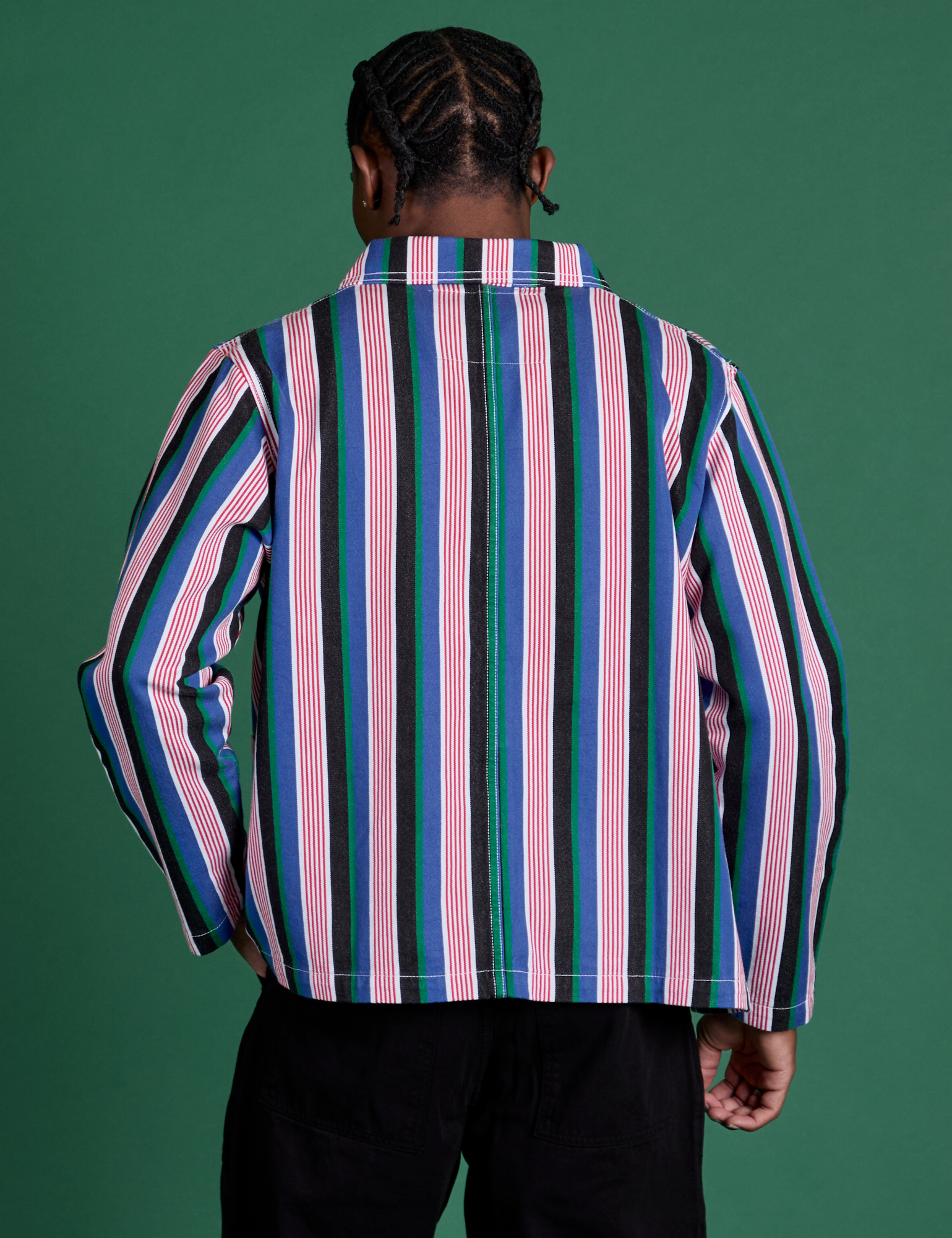 Stripe Work Jacket in Pacific Stripe back view on Isaac