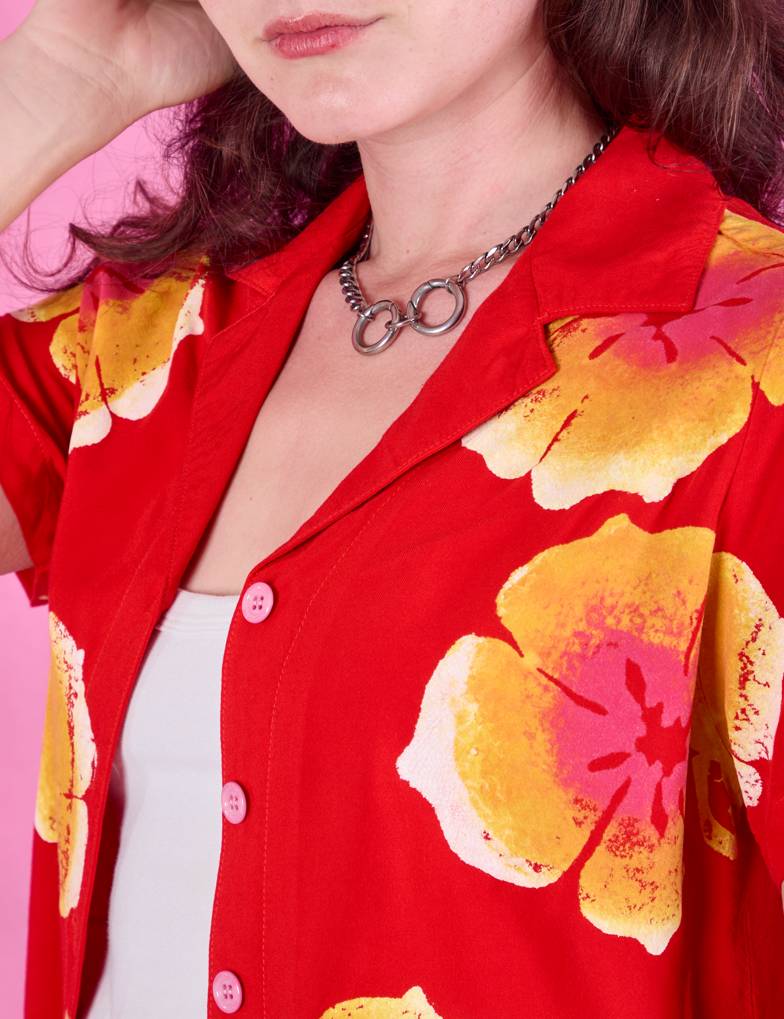 Paintstamped Pantry Button-Up in Mustang Red close up on Alex