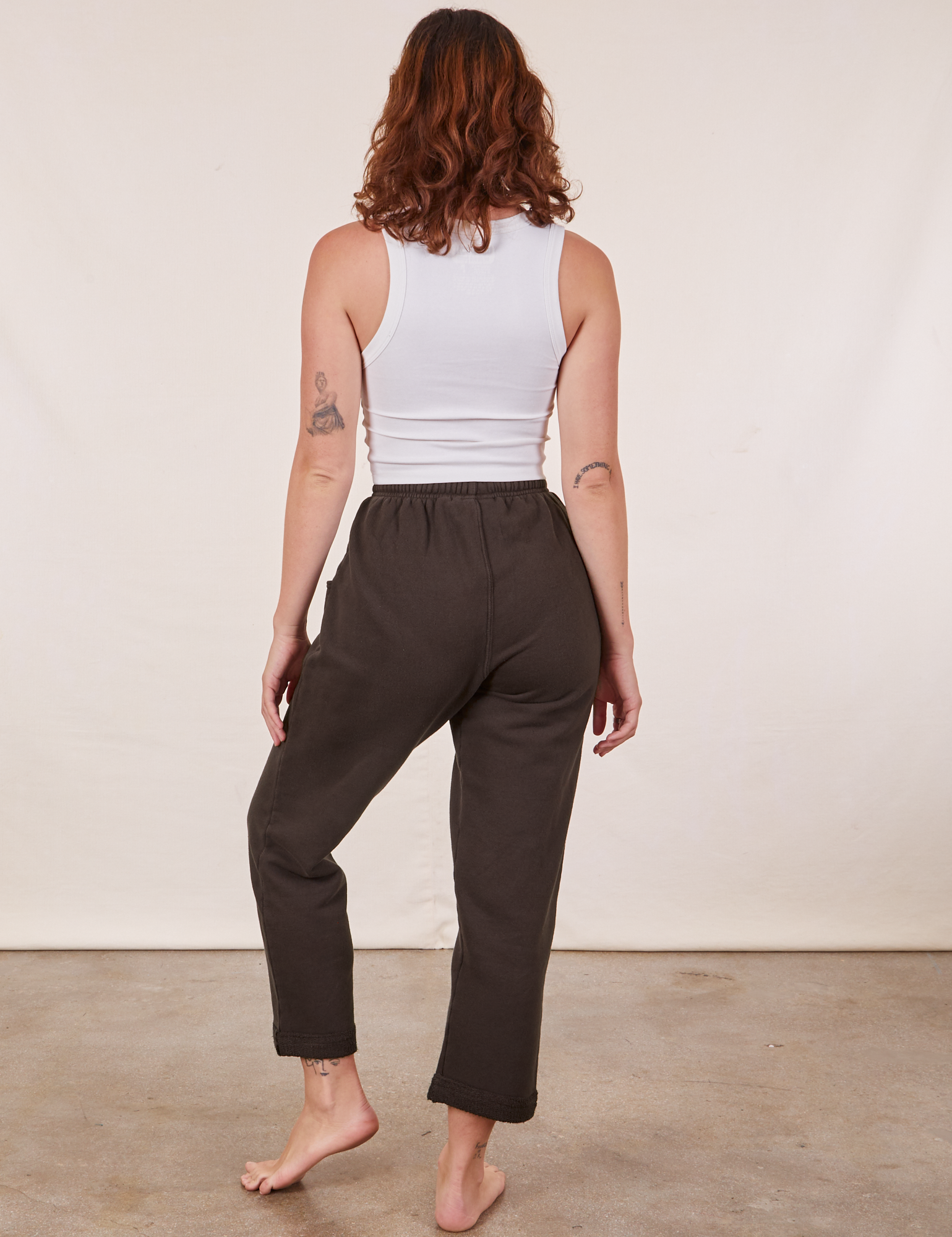 Back view of Cropped Rolled Cuff Sweatpants in Espresso Brown on Alex