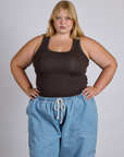 Juliet is 5’7” and wearing L The Tank Top in Espresso Brown