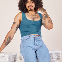 Jesse is 5'8" and wearing XS Cropped Tank Top in Marine Blue