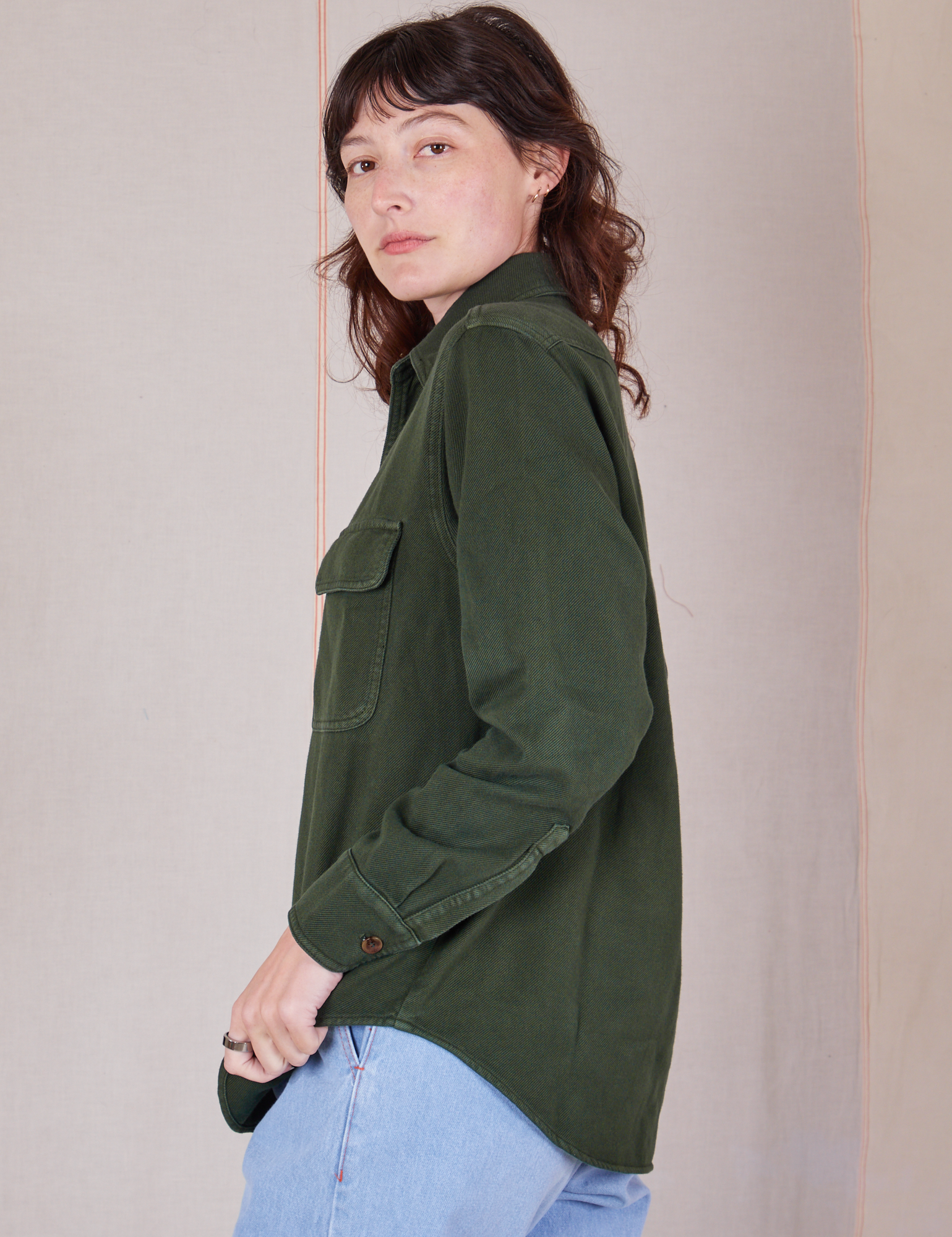 Side view of Flannel Overshirt in Swamp Green on Alex